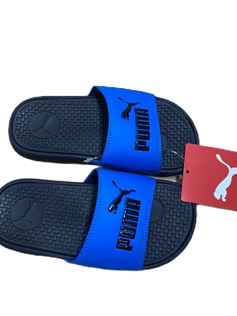 Puma Blue and Black Slide Sandals with Logo Strap NEW Sz 12 Kids Sports